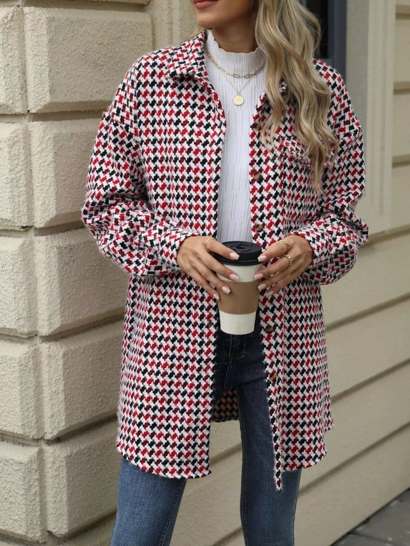 Houndstooth Button Up Long Sleeve Coat 
