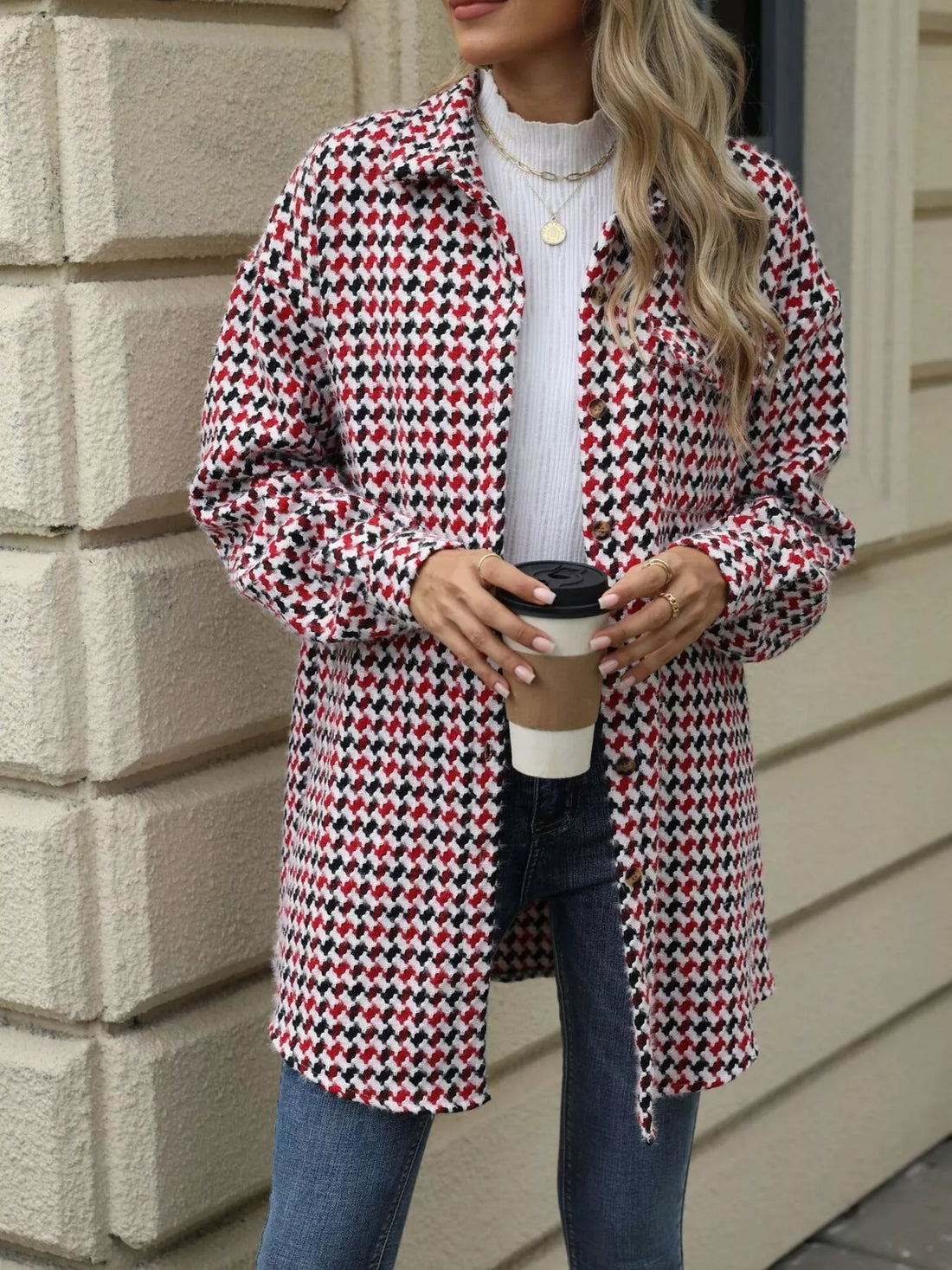 Houndstooth Button Up Long Sleeve Coat 
