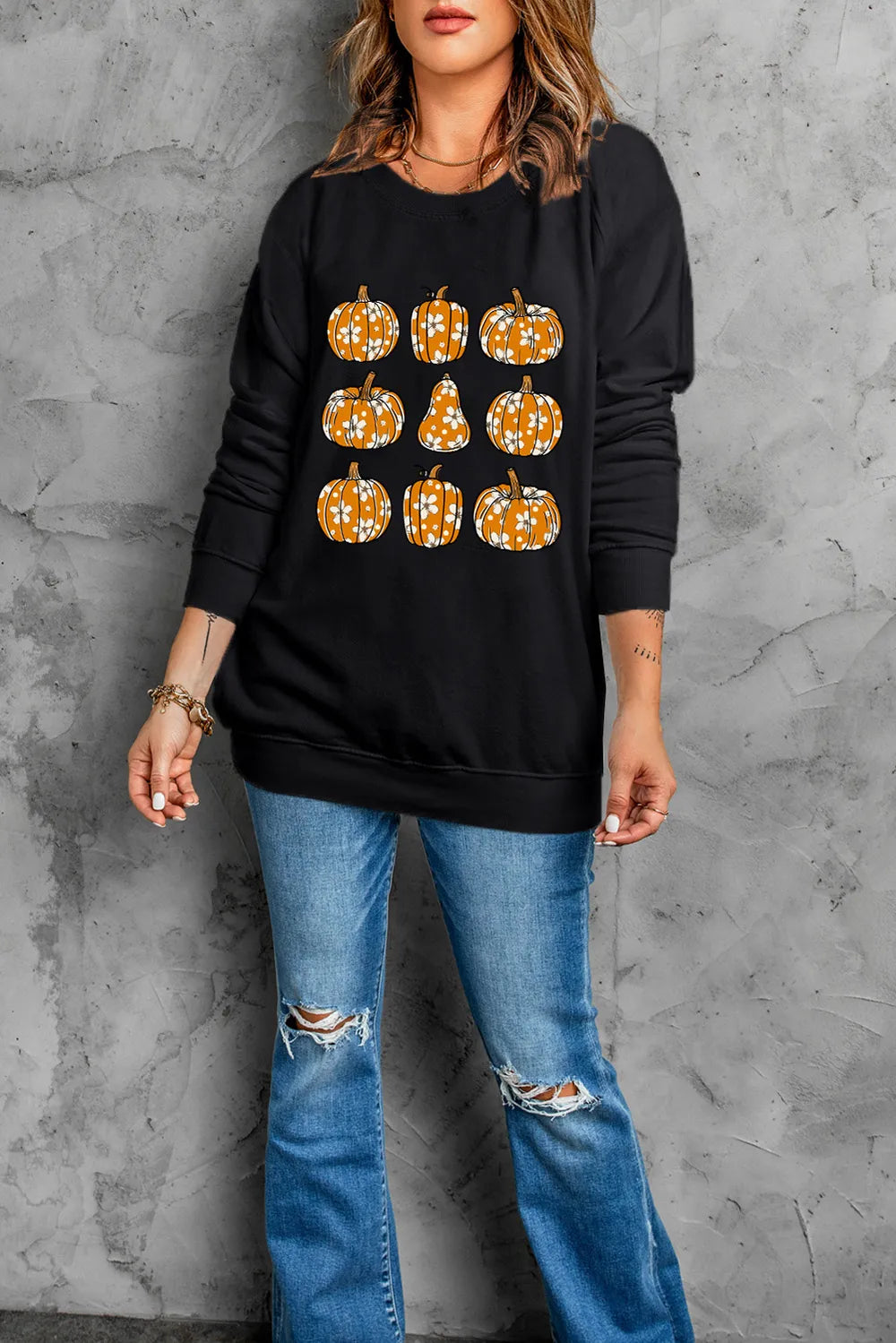 Pumpkin Round Neck Long Sleeve Sweatshirt 