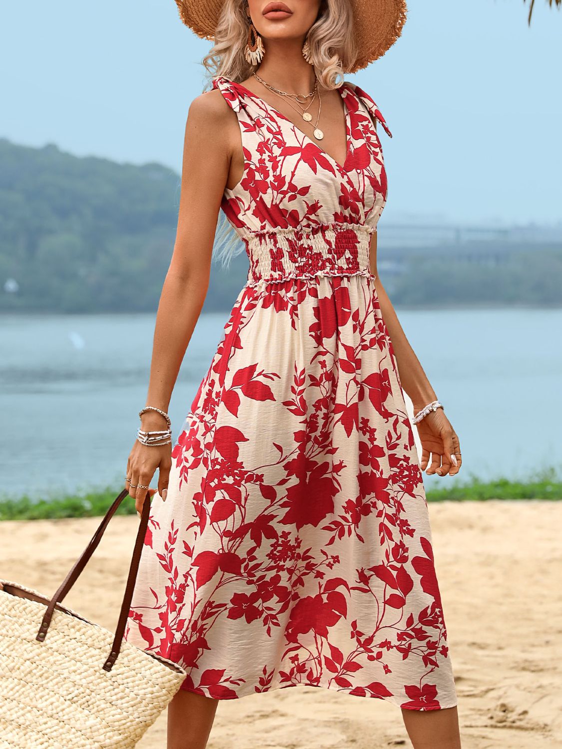 Perfee Smocked Printed Surplice Midi Dress 
