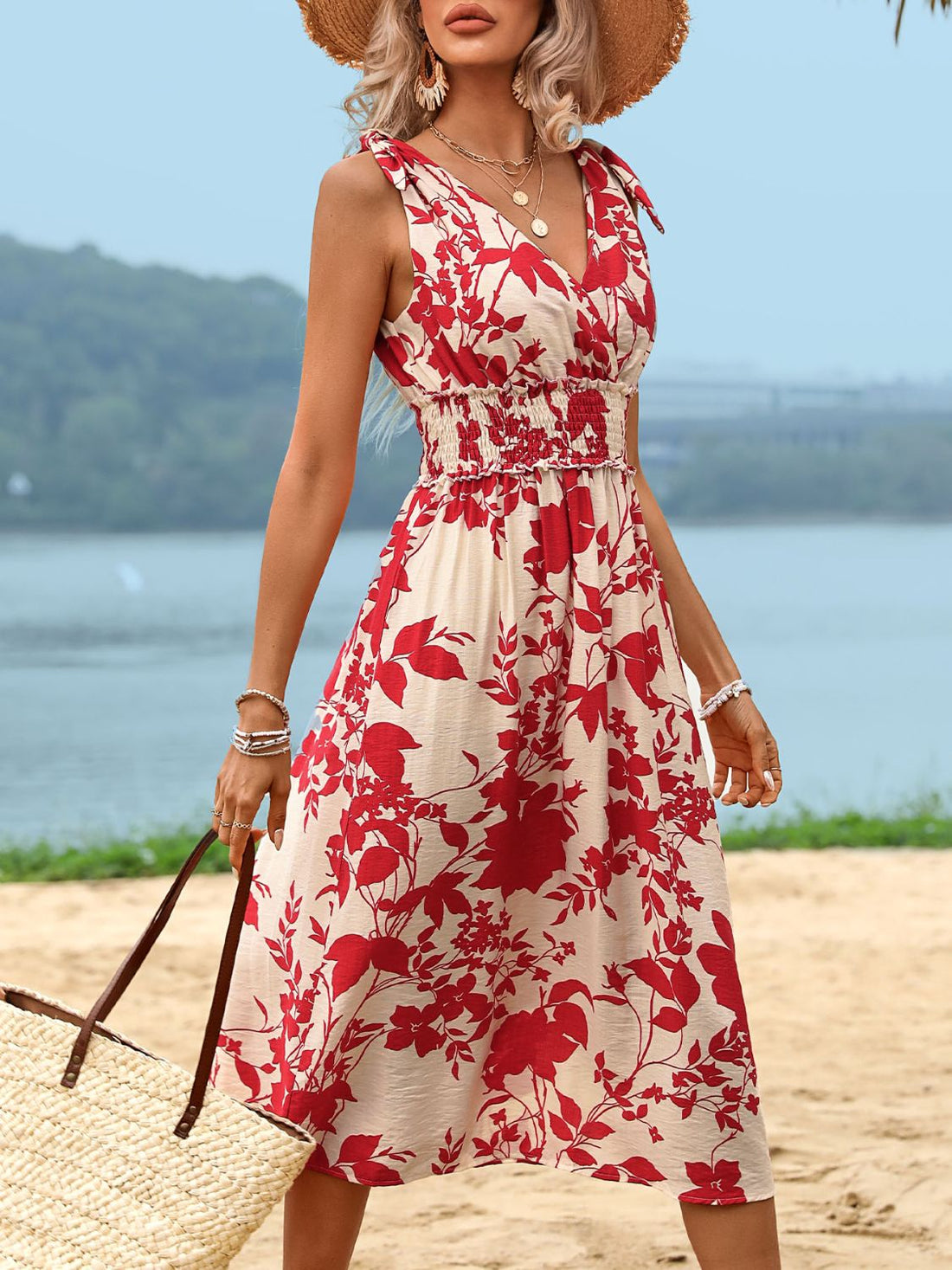 Perfee Smocked Printed Surplice Midi Dress 