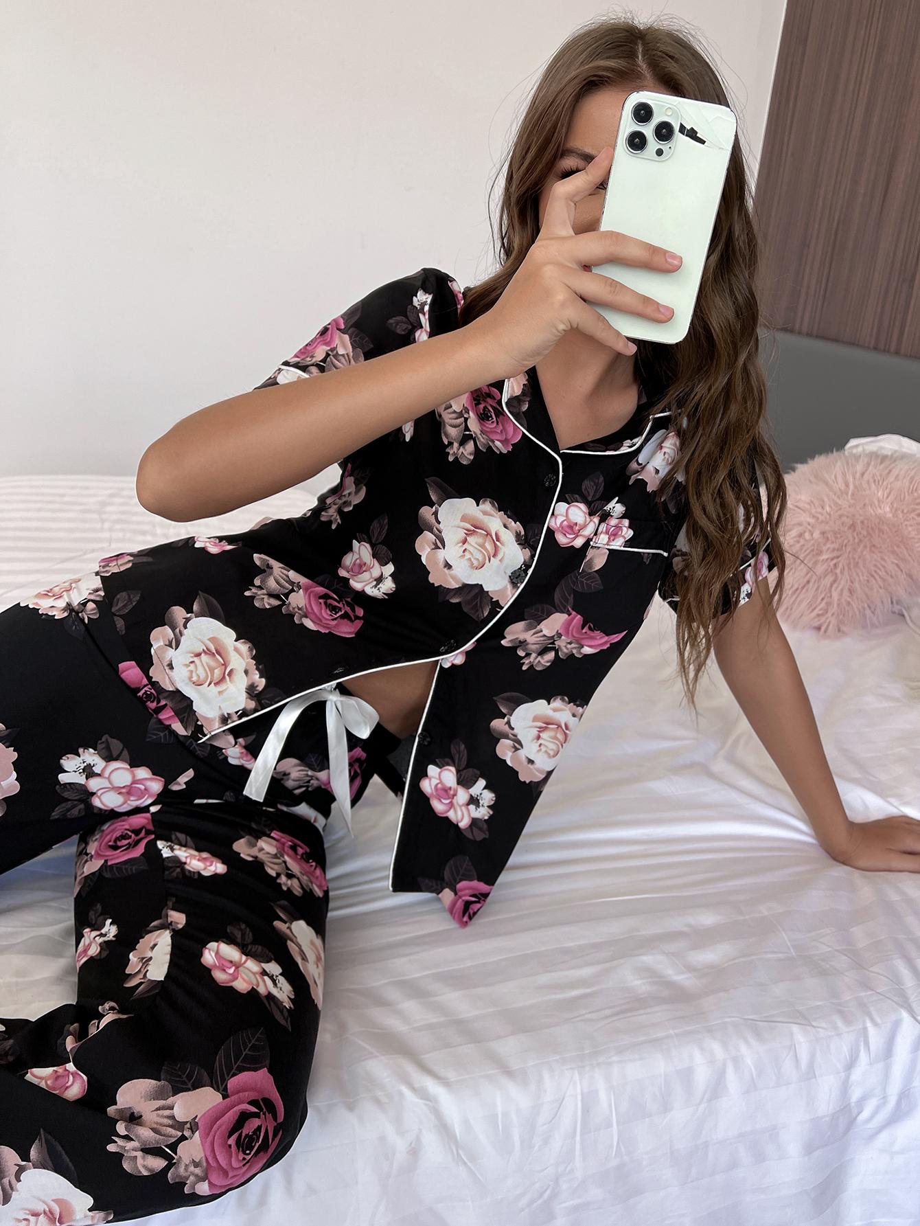 Floral Short Sleeve Shirt and Pants Lounge Set Lingerie & Nightwear