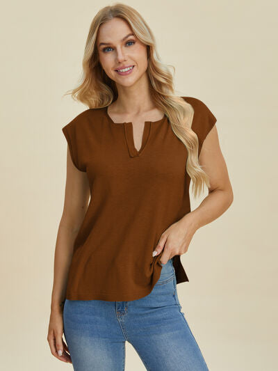 Double Take Full Size Notched Cap Sleeve Knit Top 