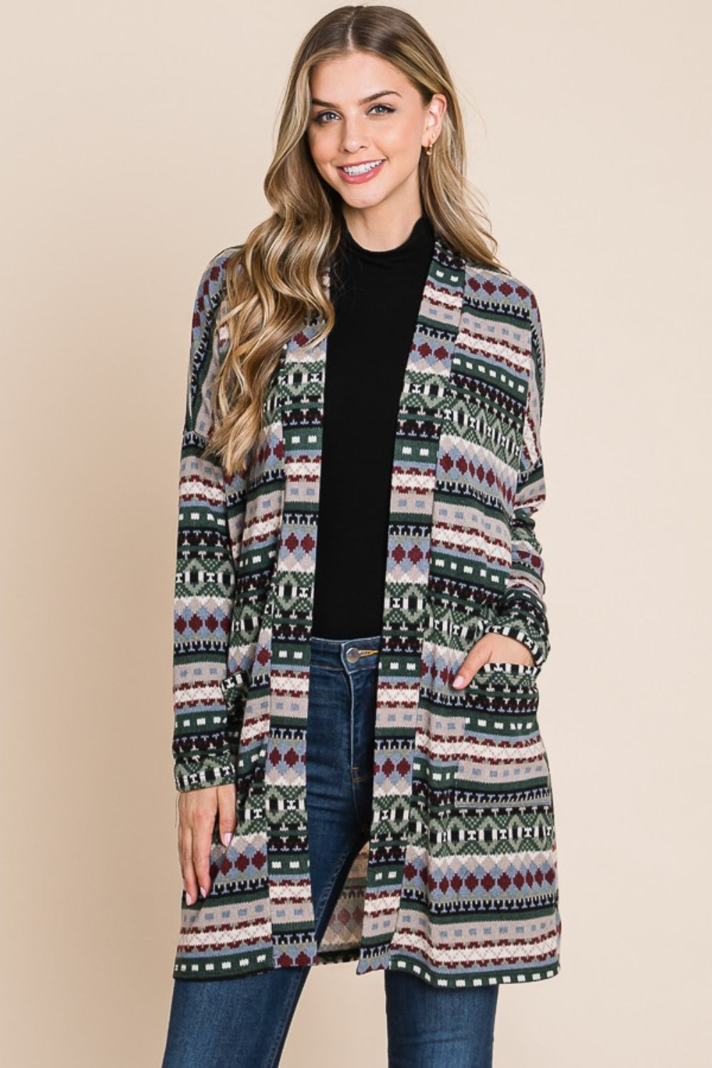 BOMBOM Geometric Open Front Long Sleeve Cardigan with Pockets 