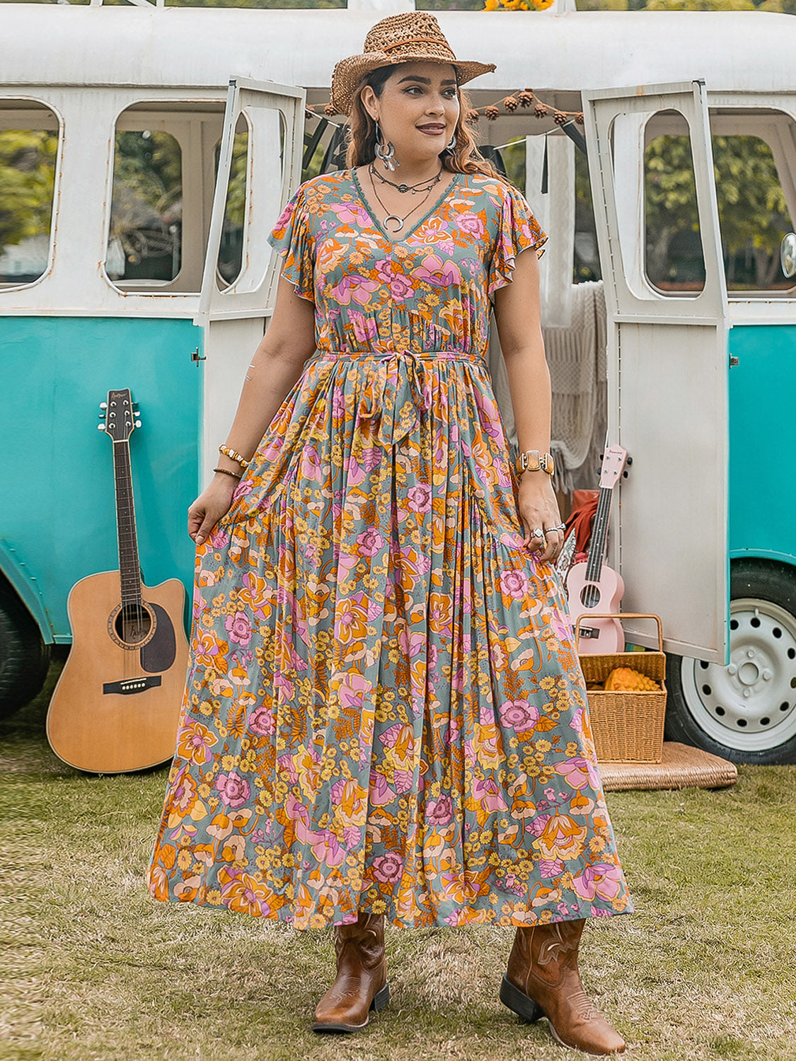 Plus Size Ruffled Printed Cap Sleeve Dress 