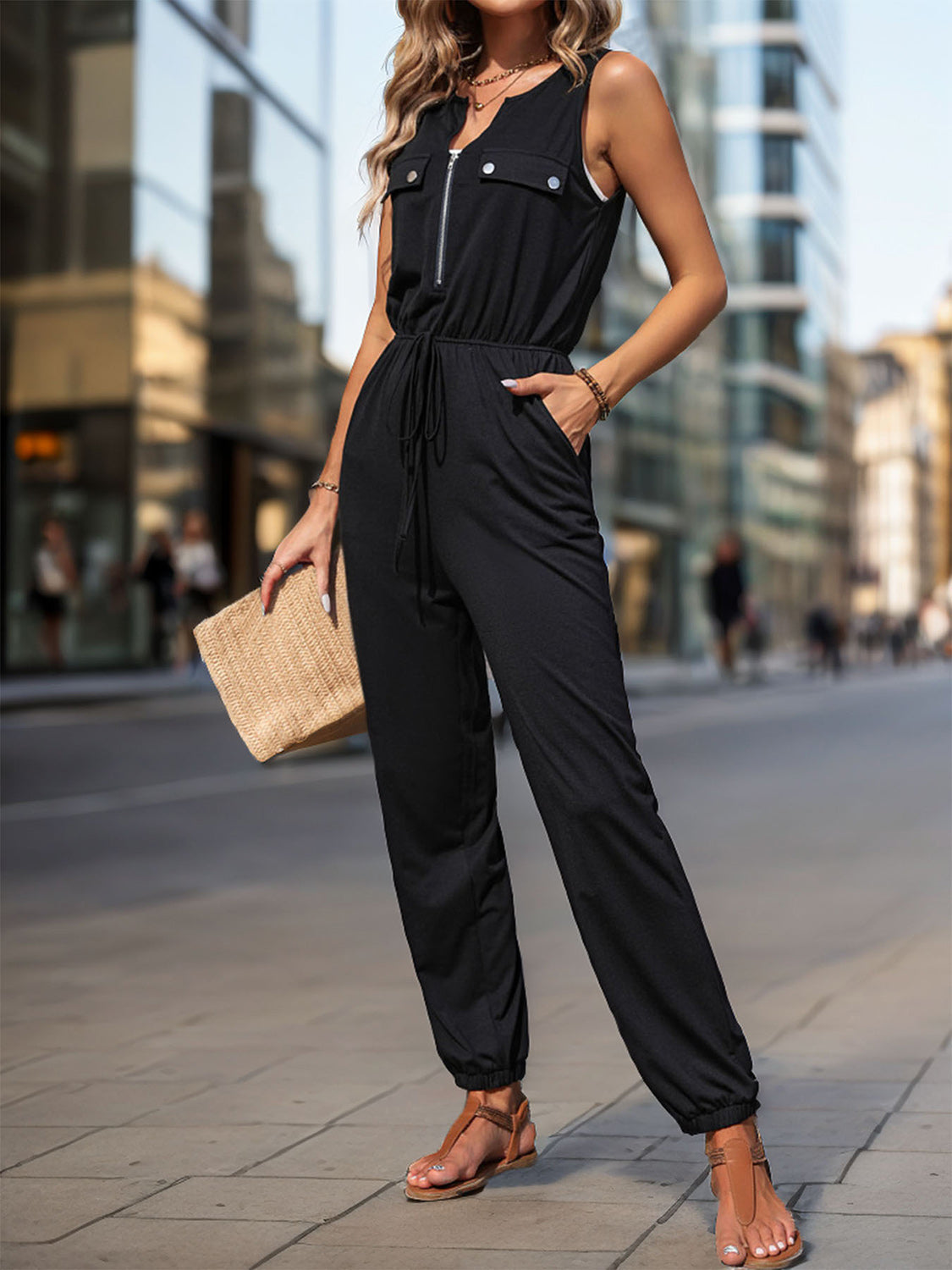 Perfee Half Zip Sleeveless Jumpsuit with Pockets 
