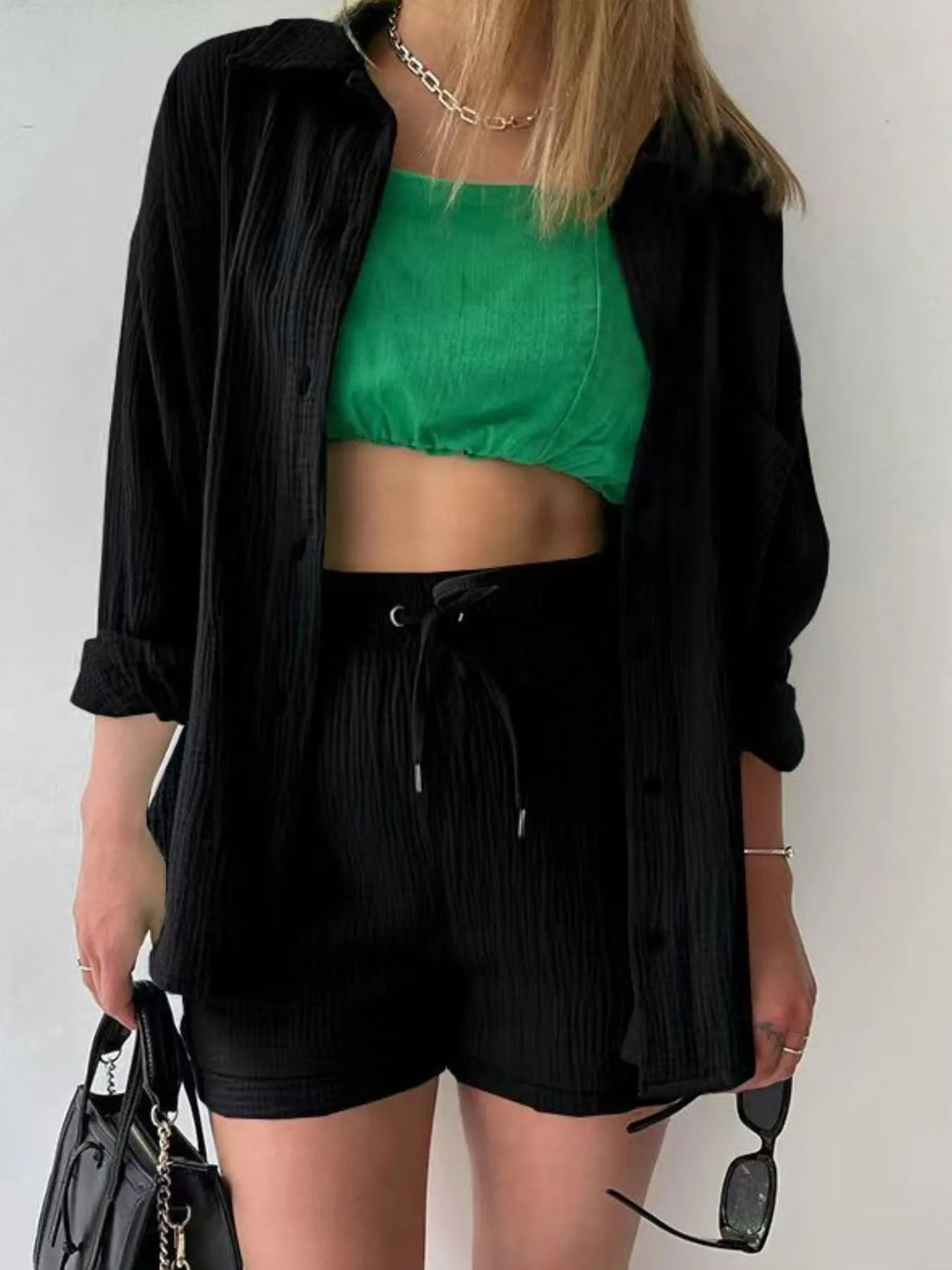 Textured Button Up Shirt and Shorts Set Two Piece Dresses