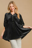 Umgee Pearl Detail Half Sleeve Velvet Babydoll Blouse 