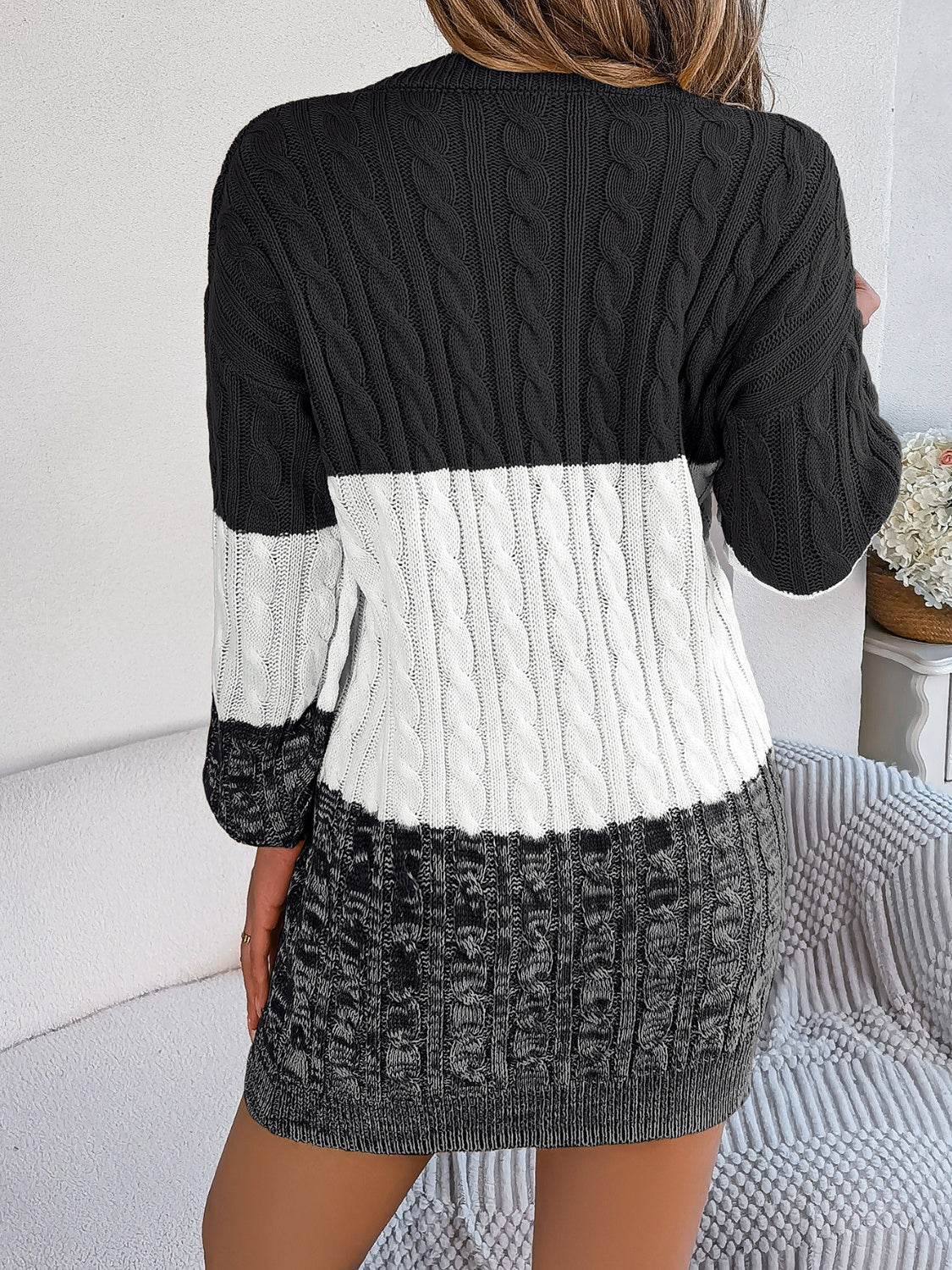 Cable-Knit Round Neck Color Block Sweater Dress 