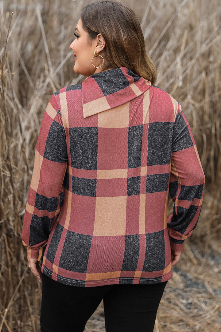 Plus Size Plaid Cowl Neck Long Sleeve Sweatshirt 