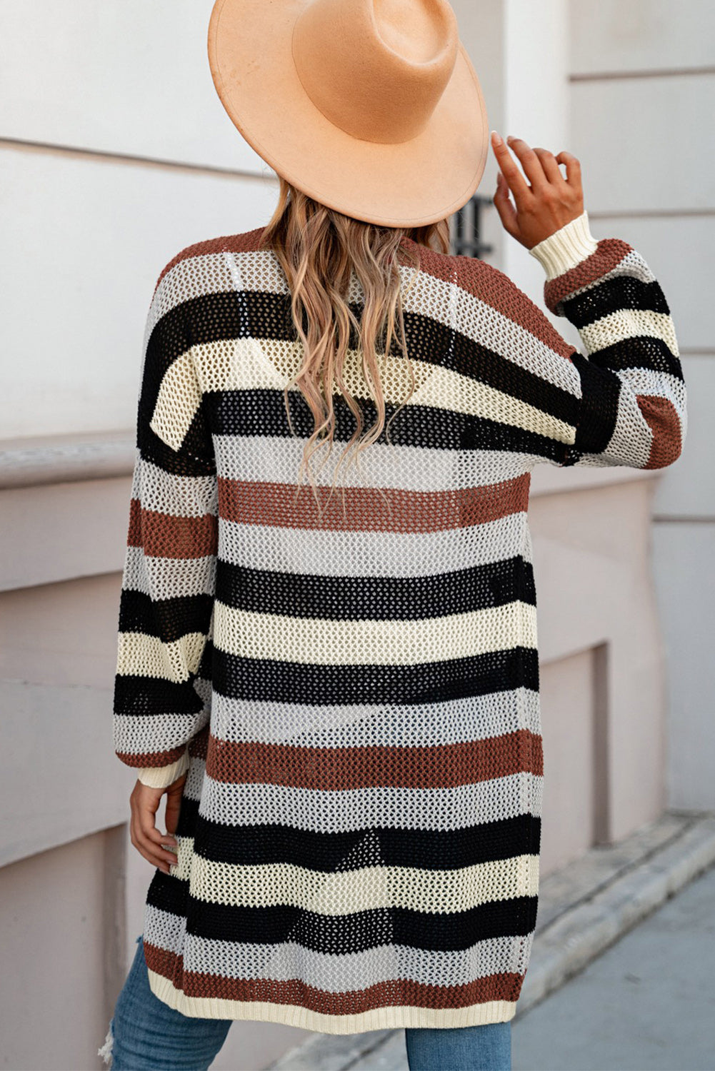 Full Size Striped Long Sleeve Openwork Cardigan 