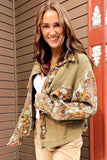 Khaki Waffle Knit Floral Print Patchwork Button up Jacket Outerwear/Jackets