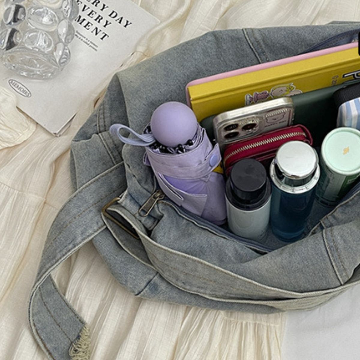 Adjustable Strap Denim Tote Bag 