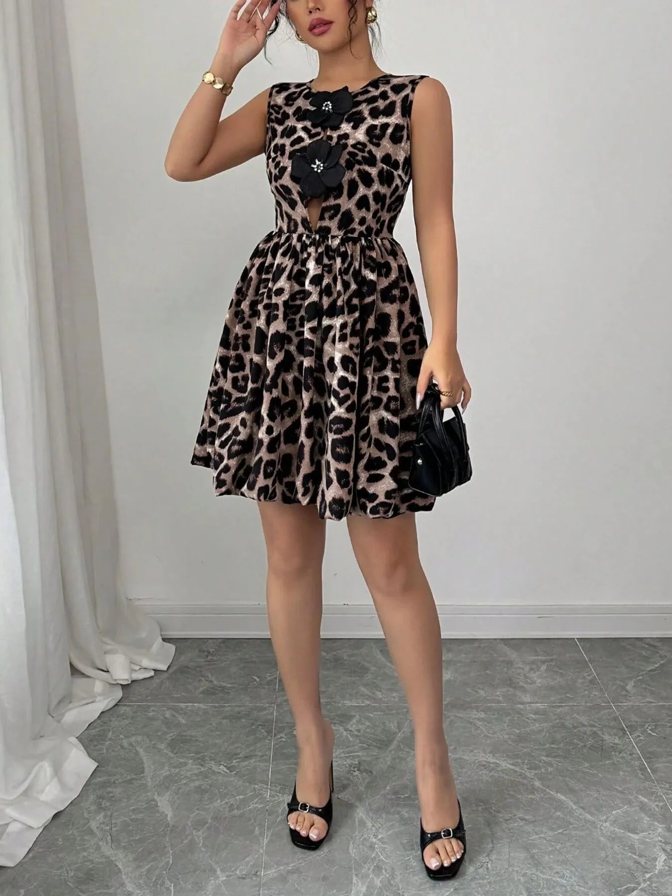 Leopard Print Sleeveless Fit and Flare Mini Dress 
