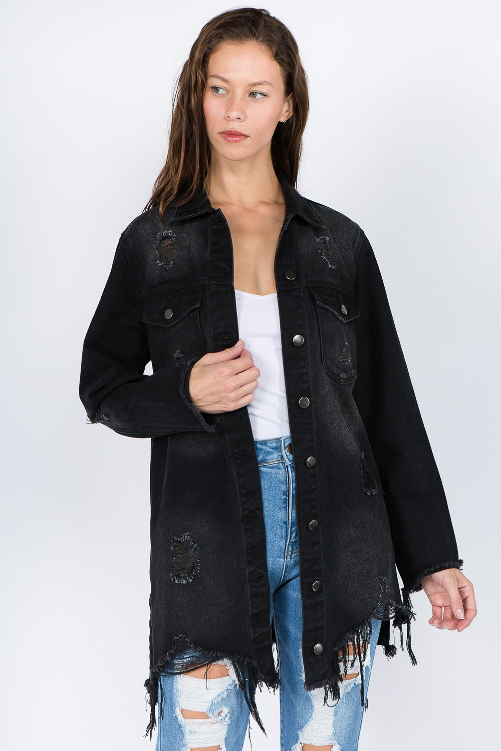 American Bazi Distressed Frayed Hem Denim Jacket 