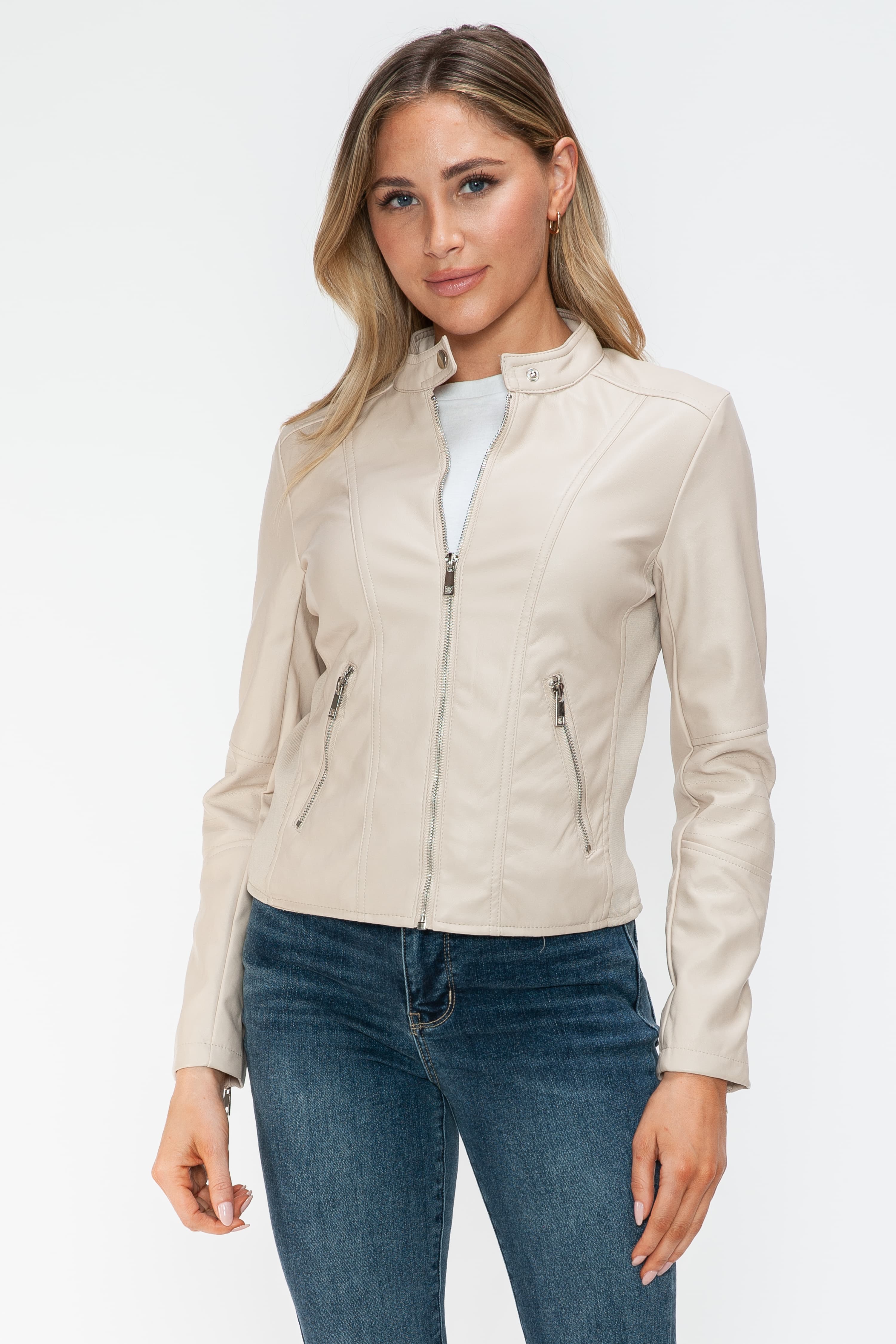 Snobbish PU Leather Zip Up Jacket with Pockets 