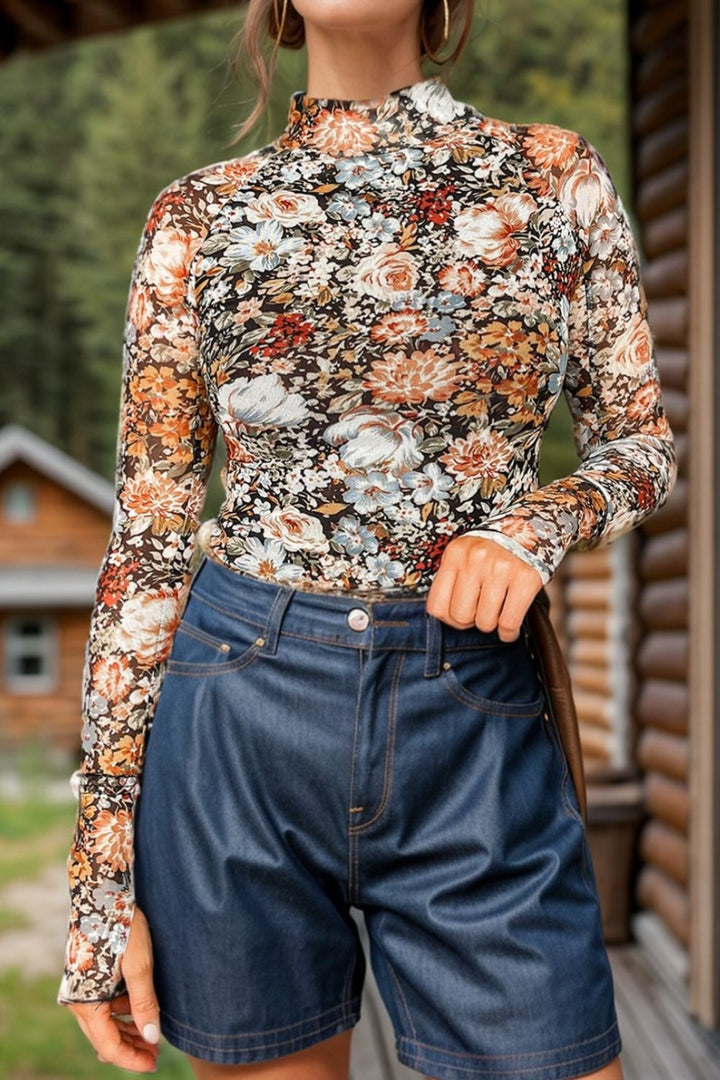 Floral Mock Neck Long Sleeve Top 