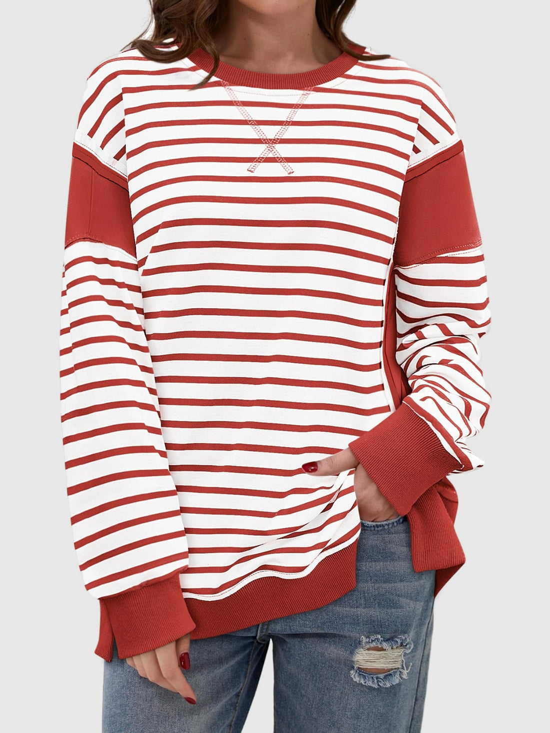 Slit Exposed Seam Striped Long Sleeve Sweatshirt 