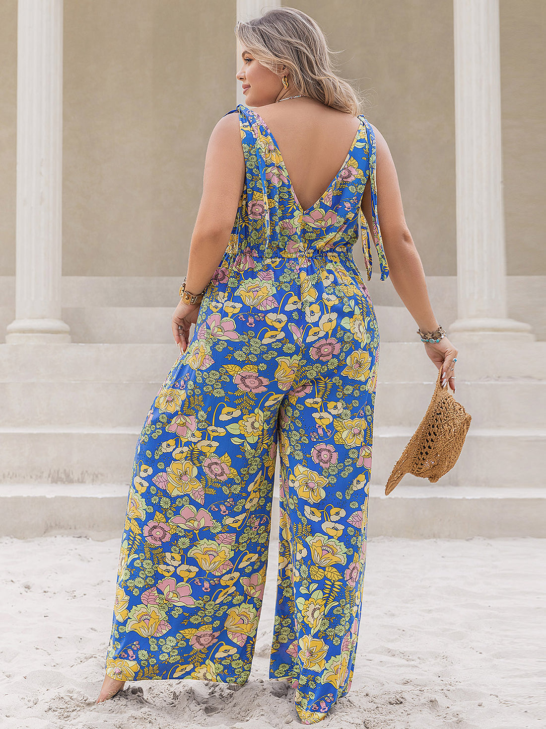 Plus Size Printed V-Neck Wide Leg Jumpsuit 
