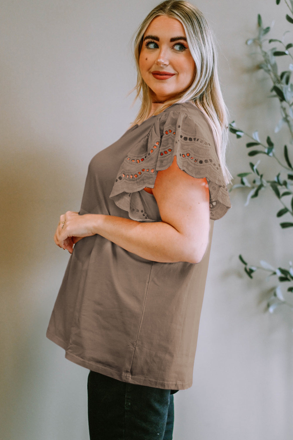 Plus Size Eyelet Round Neck Short Sleeve Blouse 