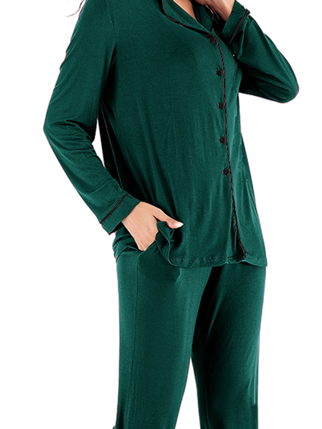 Collared Neck Long Sleeve Loungewear Set with Pockets Lingerie & Nightwear