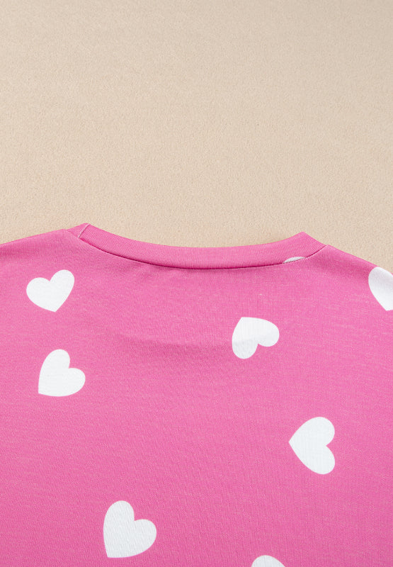 Heart Round Neck Long Sleeve Top and Elastic Waist Shorts Set 