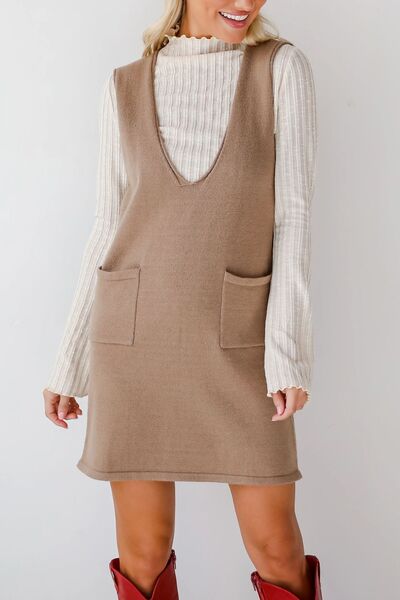 Lovelet Pocketed V-Neck Mini Sweater Overall Dress Dresses