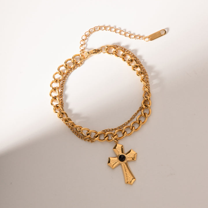 Stainless Steel Imitation Gemstone Cross Shape Pendant Bracelet 