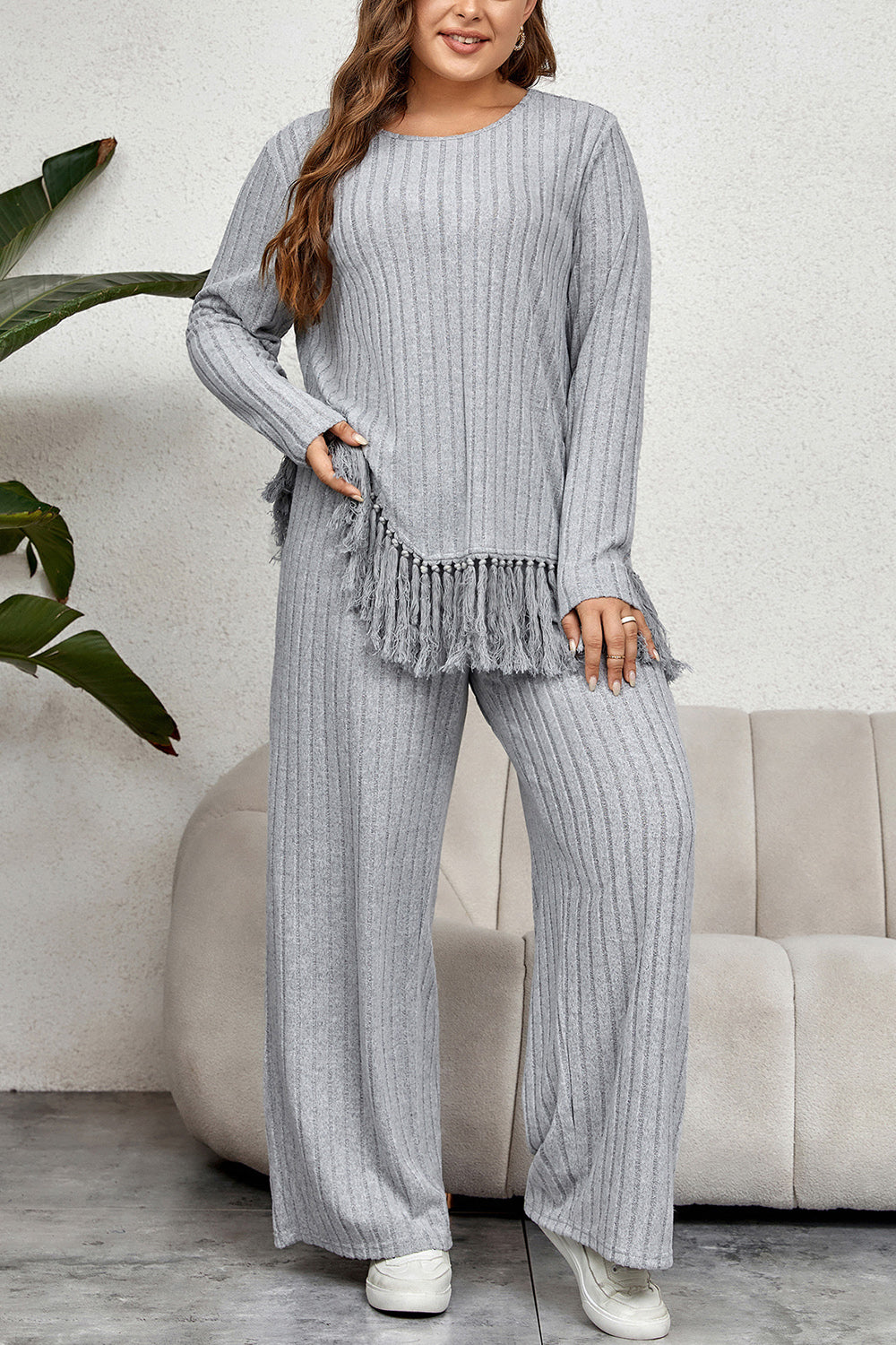Honey Plus Size Tassel Hem Top and Pants Set 