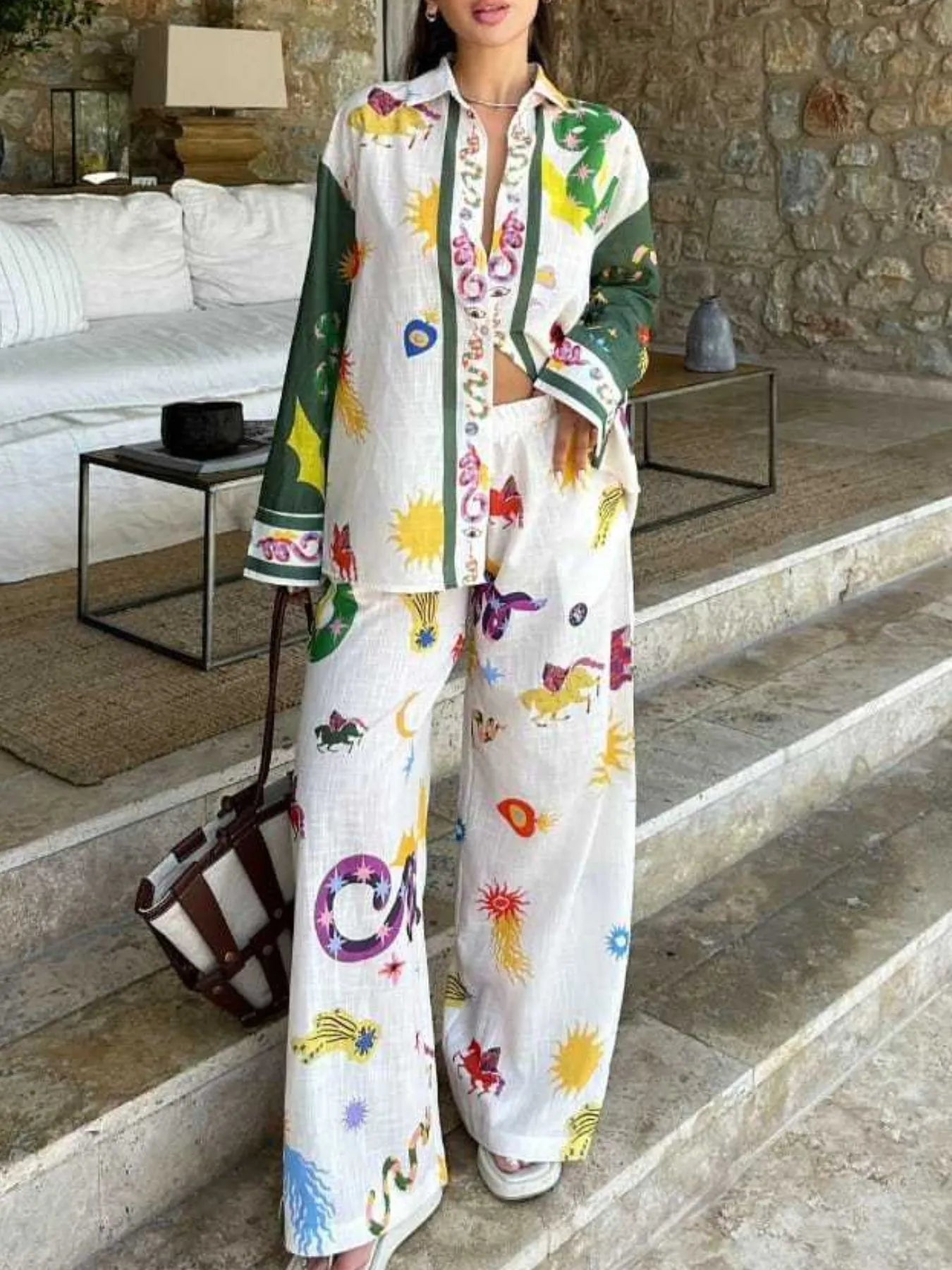 Printed Button Down Shirt and Pants Set Two Piece Dresses