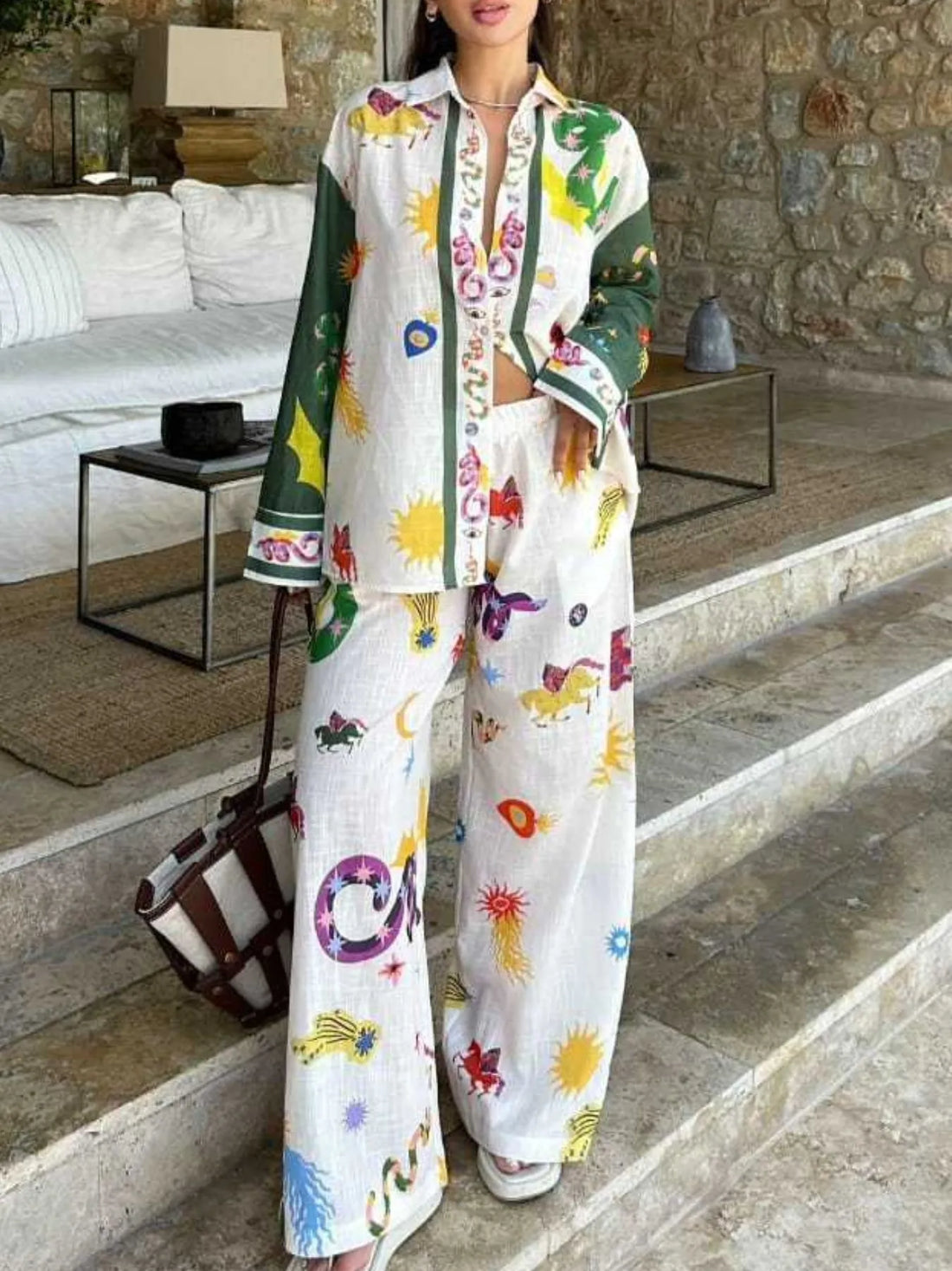 Printed Button Down Shirt and Pants Set Two Piece Dresses