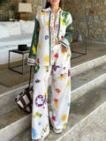 Printed Button Down Shirt and Pants Set Two Piece Dresses