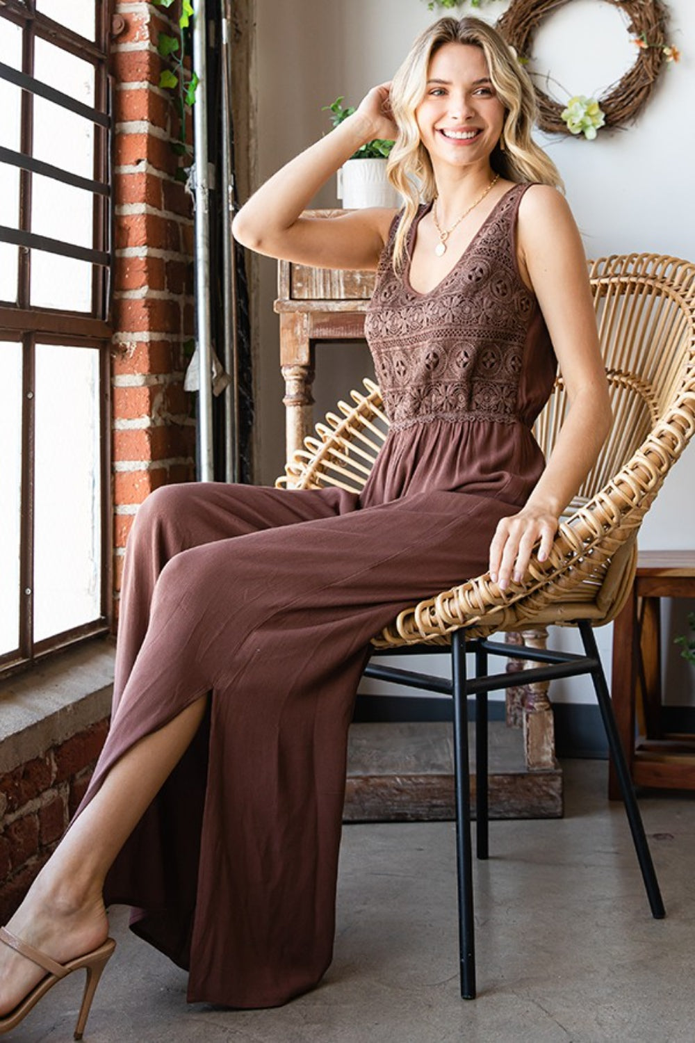 First Love Tie Back Sleeveless Slit Wide Leg Jumpsuit 