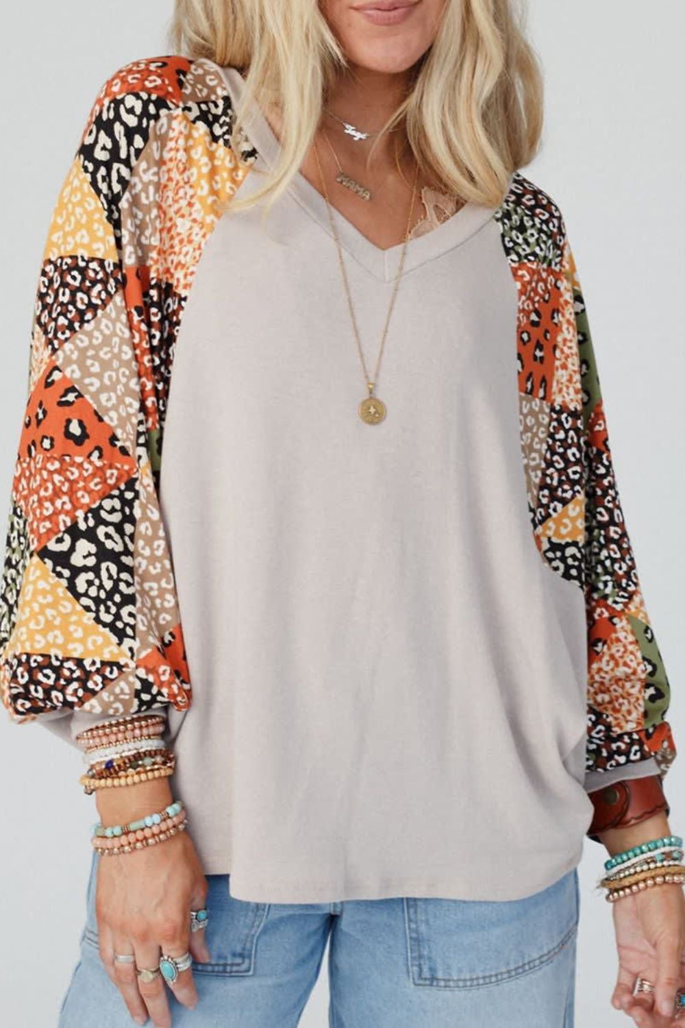 Leopard Contrast V-Neck Long Sleeve Blouse 