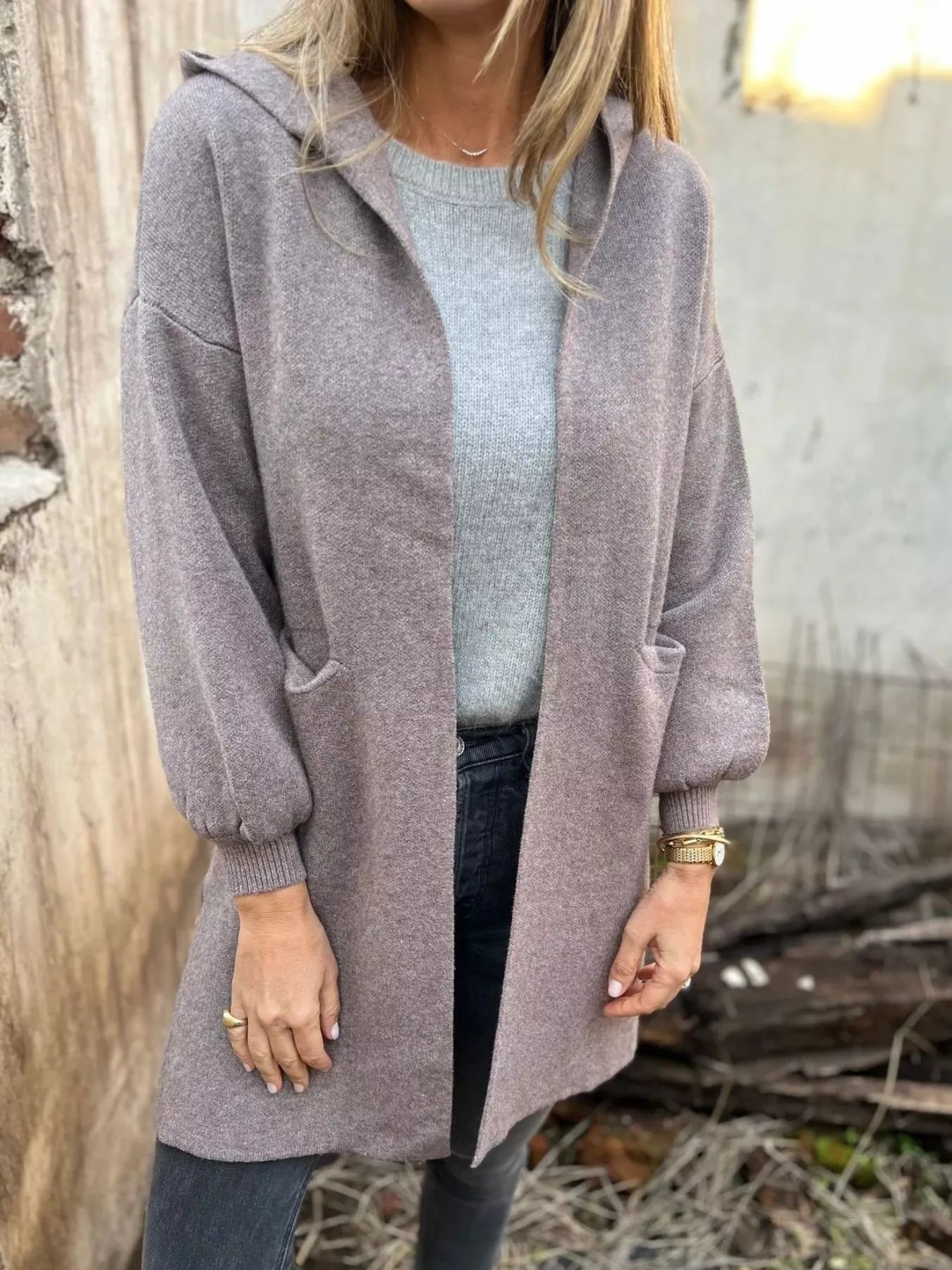 Full Size Open Front Drop Shoulder Hooded Cardigan Plus Size 
