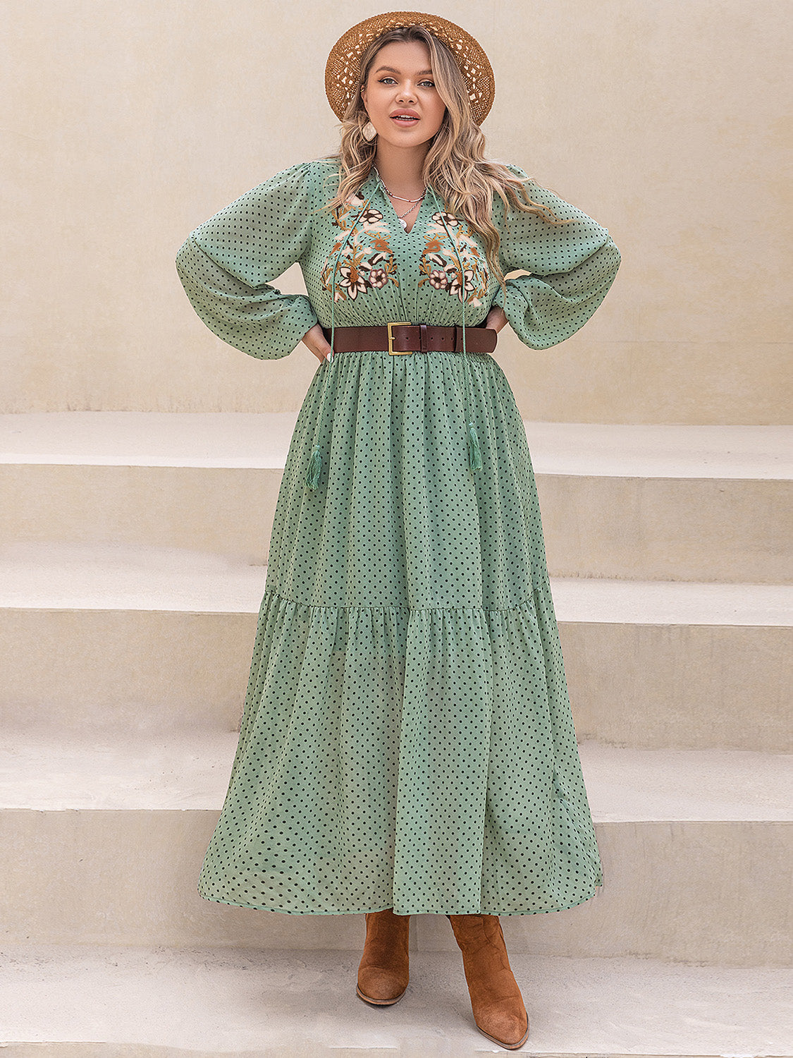 Plus Size Tassel Printed Tie Neck Long Sleeve Midi Dress 