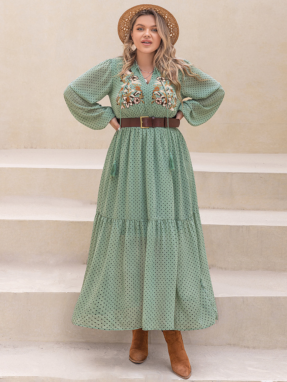 Plus Size Tassel Printed Tie Neck Long Sleeve Midi Dress 