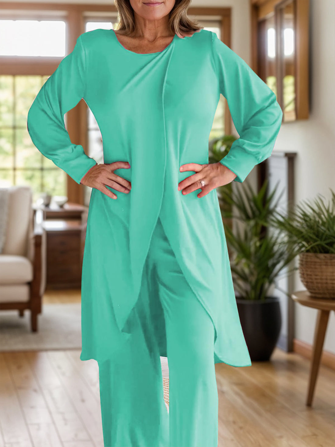 Full Size Slit Round Neck Long Sleeve Top and Pants Set 