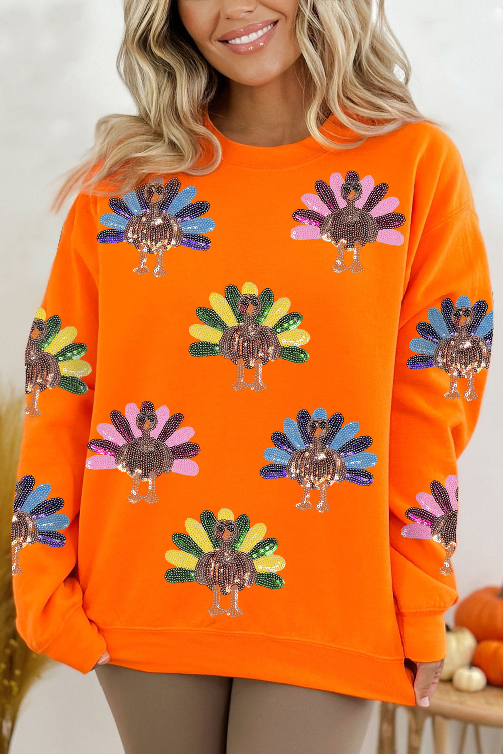 Orange Colorful Turkey Thanksgiving Graphic Sweatshirt Graphic/Graphic Sweatshirts