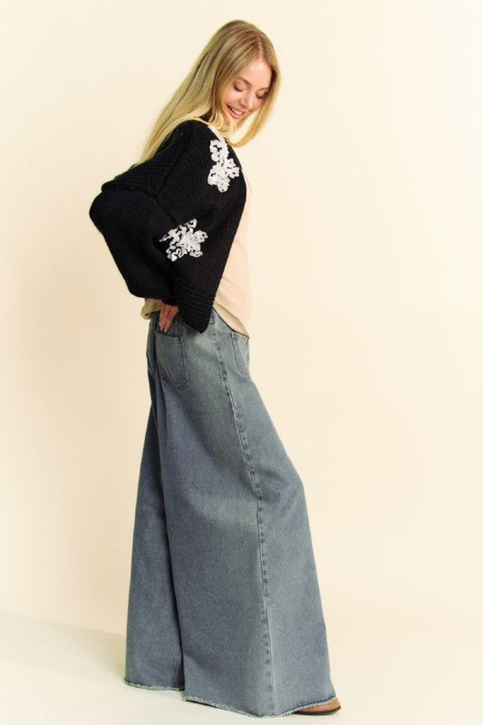 Davi & Dani Floral Applique Open Front Dropped Shoulder Cardigan 