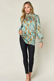 Double Take Full Size Printed Smocked Long Sleeve Blouse 