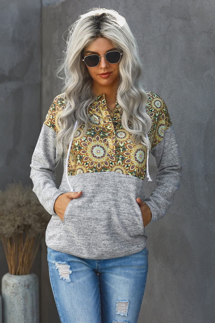 Floral Drawstring Half Snap Hoodie 