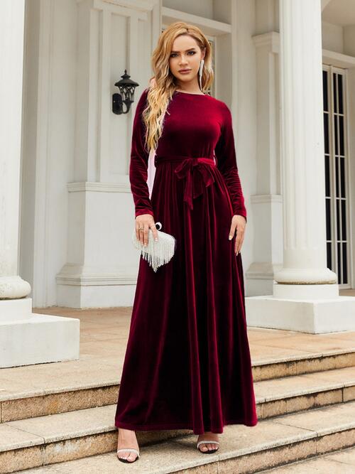 Tie Front Round Neck Long Sleeve Maxi Dress Dresses