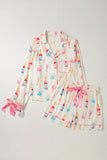 Bow Printed Collared Neck Top and Drawstring Shorts Lounge Set Lingerie & Nightwear