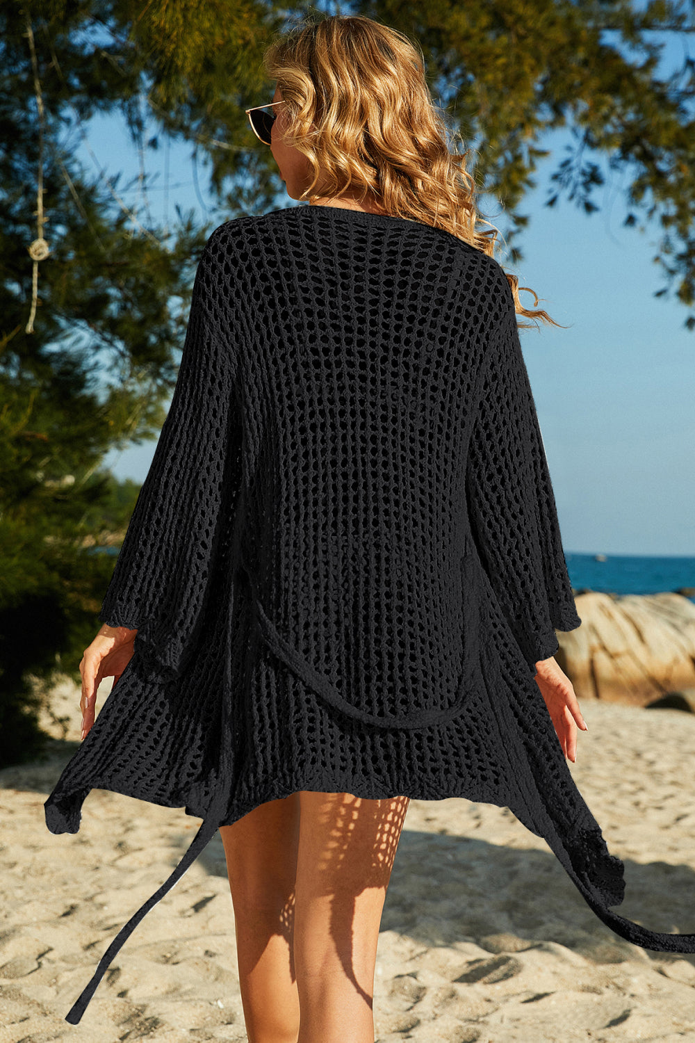Tie-Waist Openwork Crochet Cover Up 