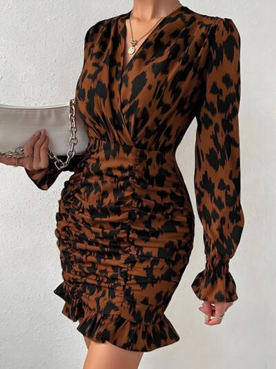 Ruched Ruffled Leopard Surplice Long Sleeve Dress Dresses