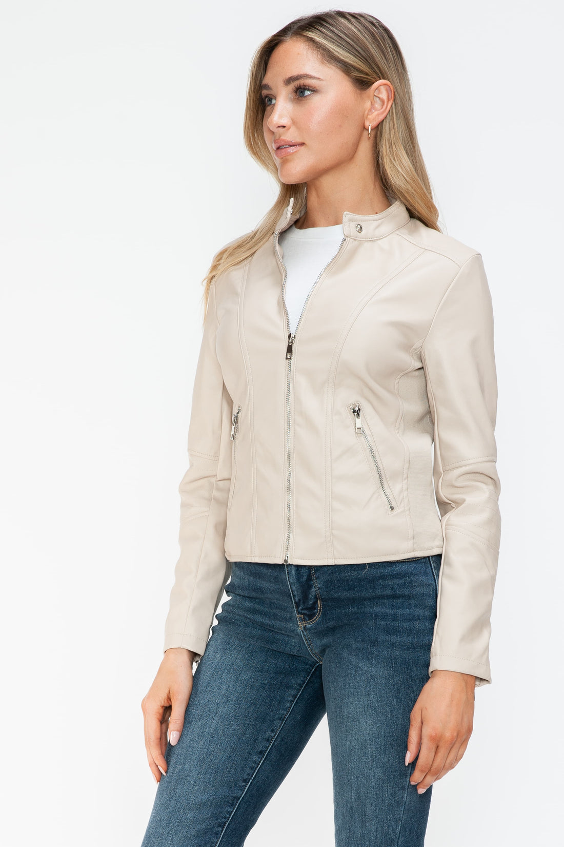 Snobbish PU Leather Zip Up Jacket with Pockets 