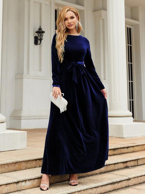 Tie Front Round Neck Long Sleeve Maxi Dress Dresses