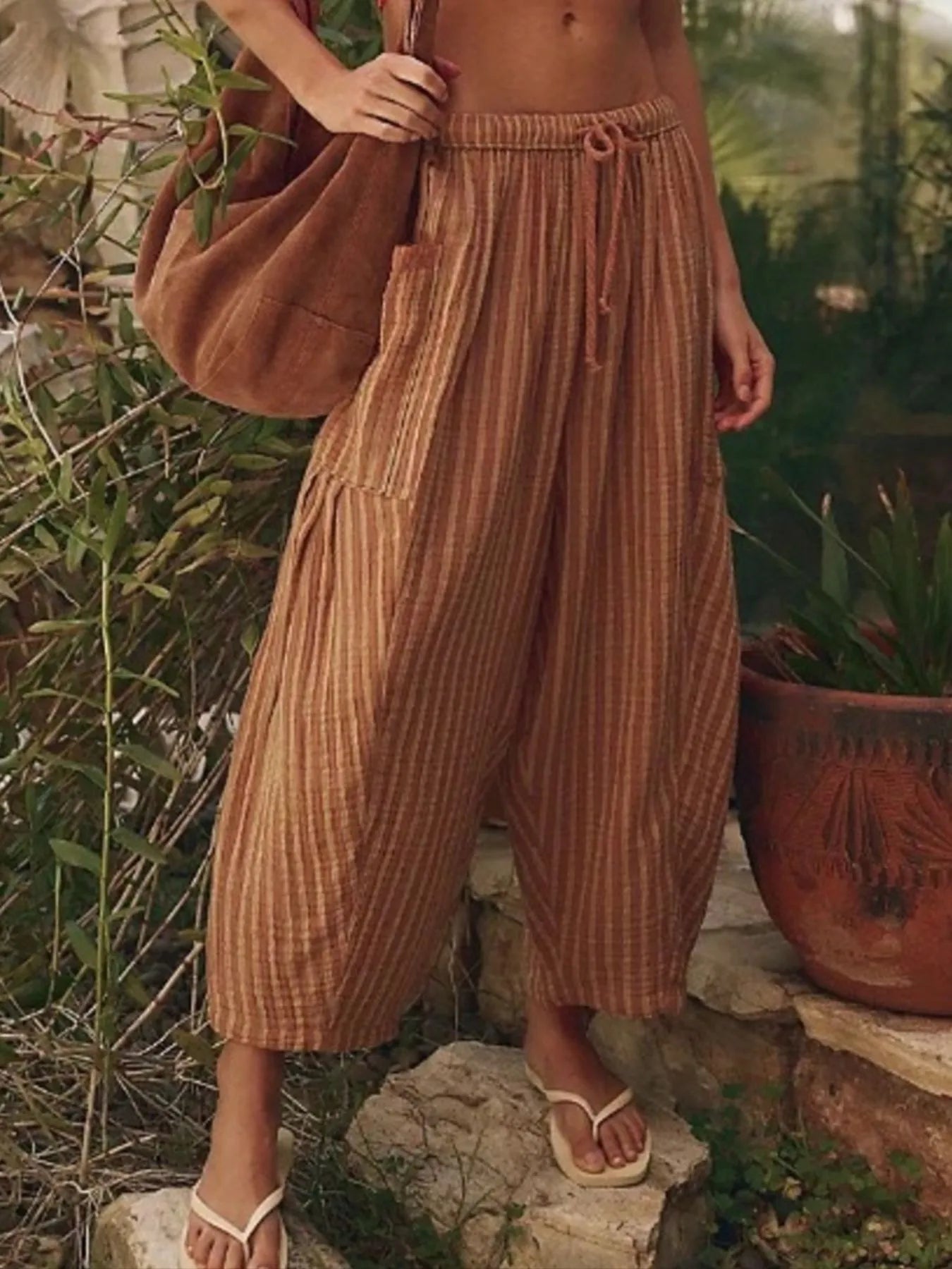 Full Size Striped Wide Leg Casual Pants Plus Size 