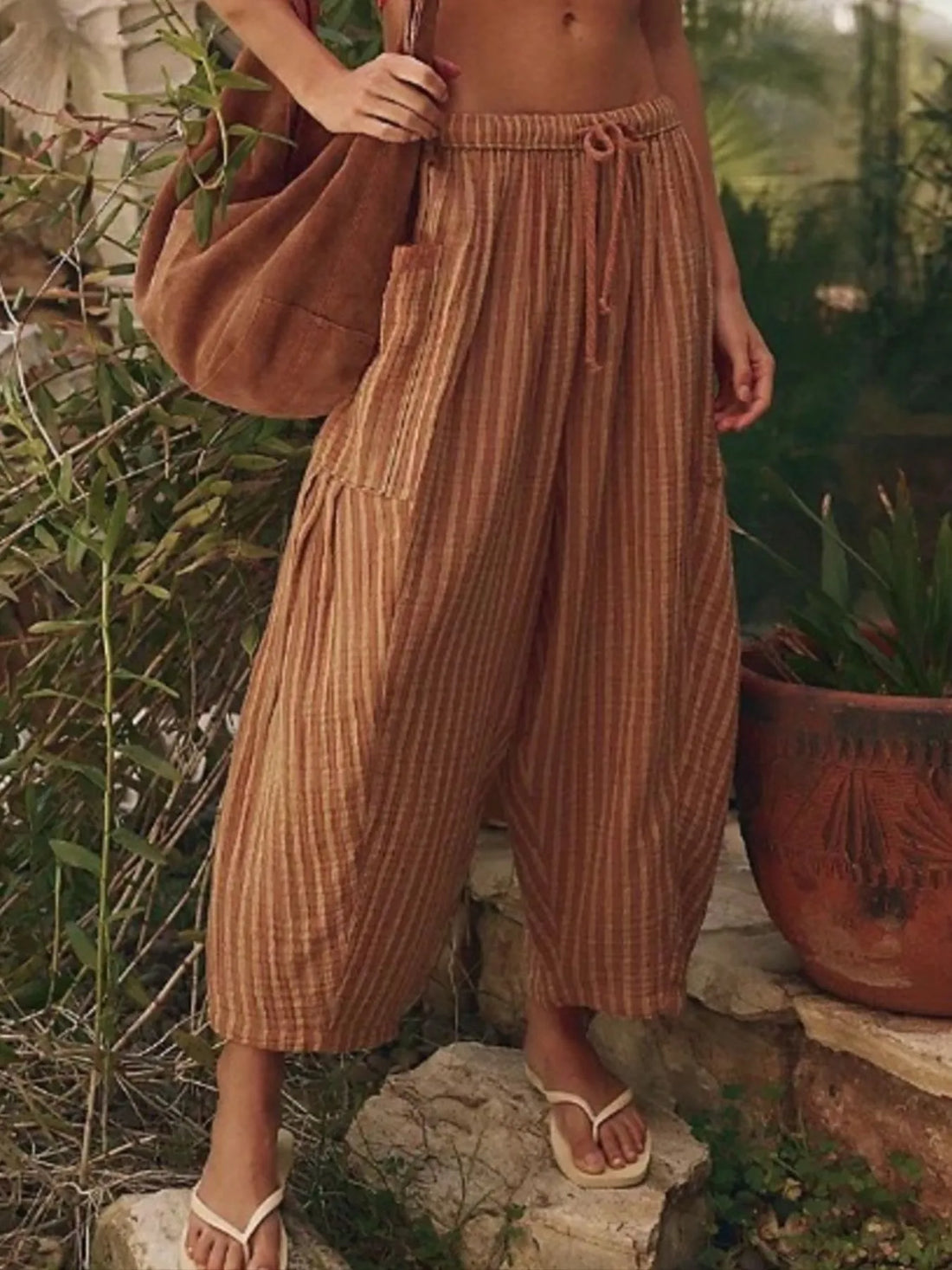 Full Size Striped Wide Leg Casual Pants Plus Size 